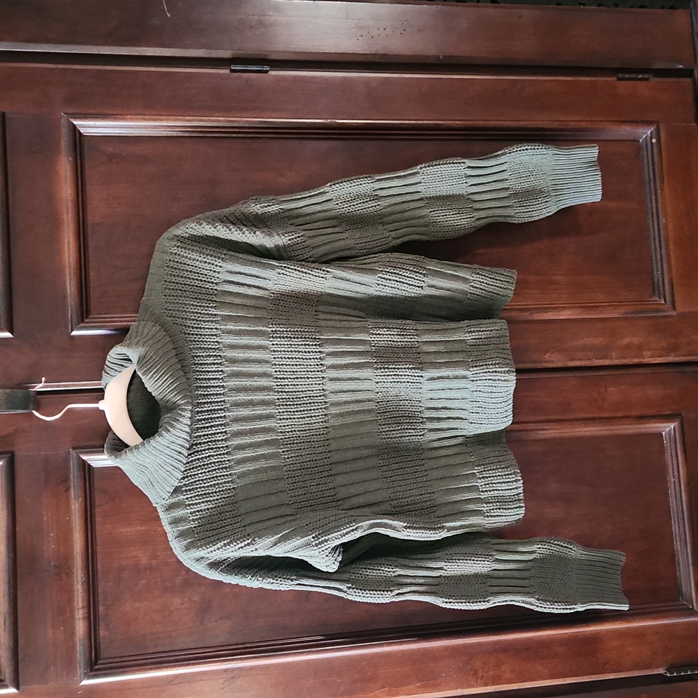 Poof Apparel, dark green in color, cowel neck sweater size medium